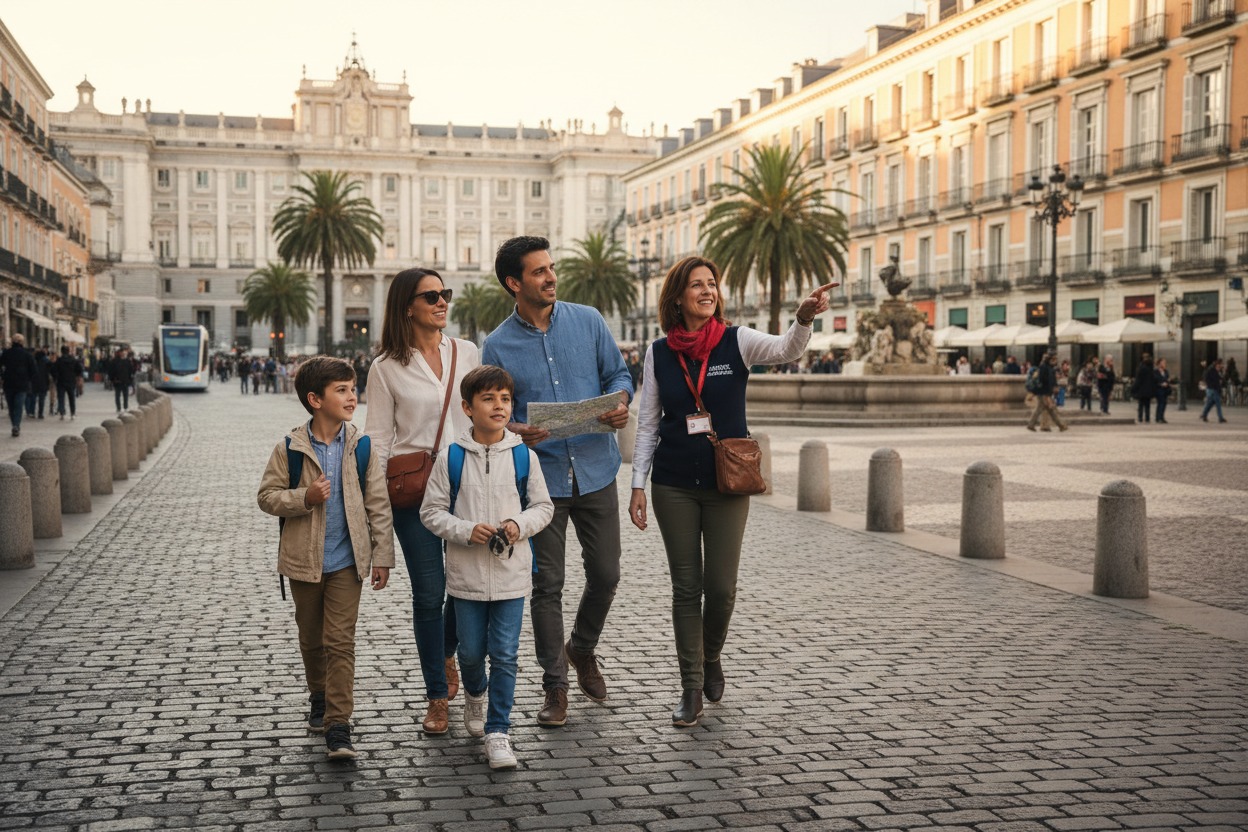 Una guía turística señala un monumento a una familia que camina por una plaza empedrada en Madrid.