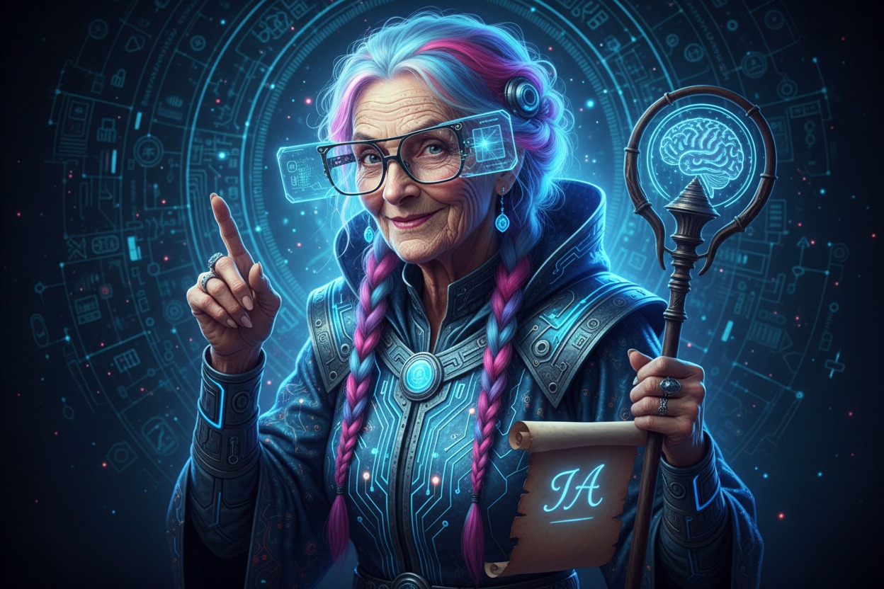 Una mujer mayor con trenzas de colores y gafas tecnológicas futuristas sostiene un bastón con un holograma de un cerebro y un pergamino con las letras IA.