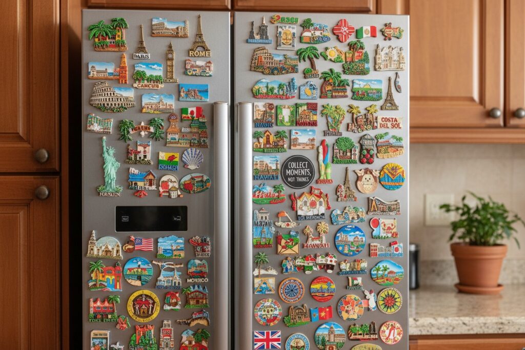 Una puerta de frigorífico cubierta de coloridos imanes de recuerdo de diferentes países y ciudades del mundo
